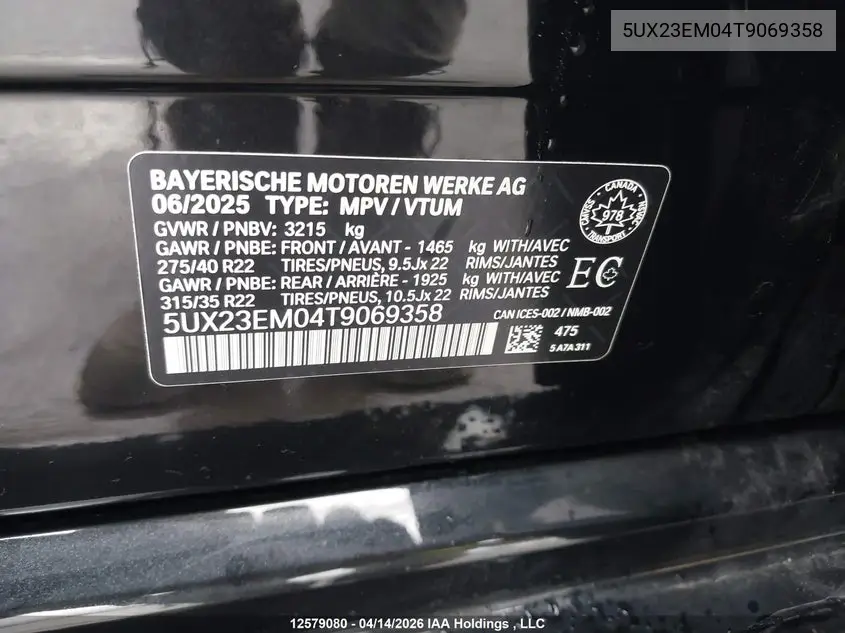 2026 BMW X7 xDrive40I VIN: 5UX23EM04T9069358 Lot: 12579080