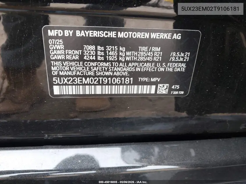 2026 BMW X7 xDrive40I VIN: 5UX23EM02T9106181 Lot: 45016005