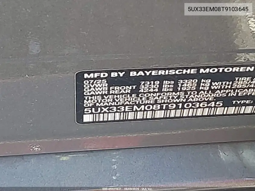 2026 BMW X7 M60I VIN: 5UX33EM08T9103645 Lot: 45321631