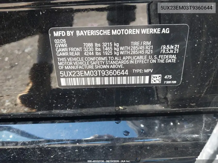 2026 BMW X7 xDrive40I VIN: 5UX23EM03T9360644 Lot: 45332136