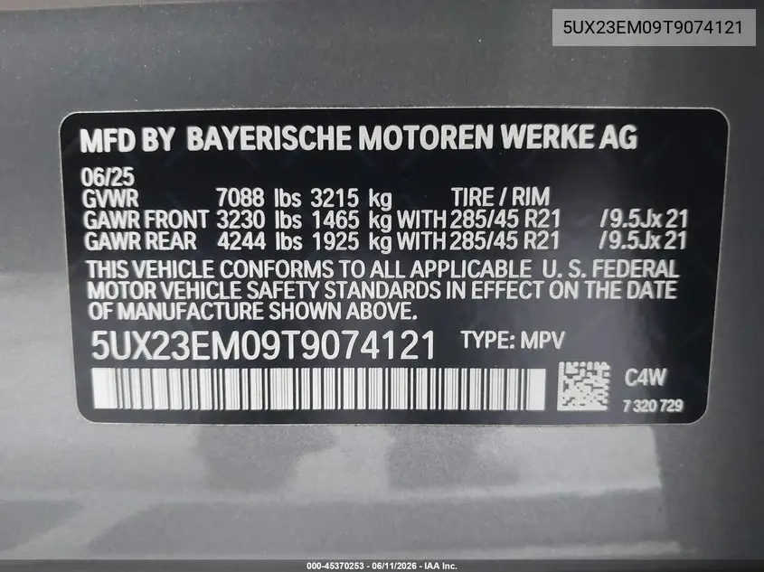 2026 BMW X7 xDrive40I VIN: 5UX23EM09T9074121 Lot: 45370253