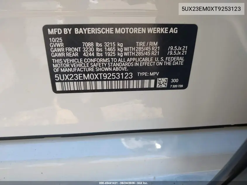 2026 BMW X7 xDrive40I VIN: 5UX23EM0XT9253123 Lot: 45441431