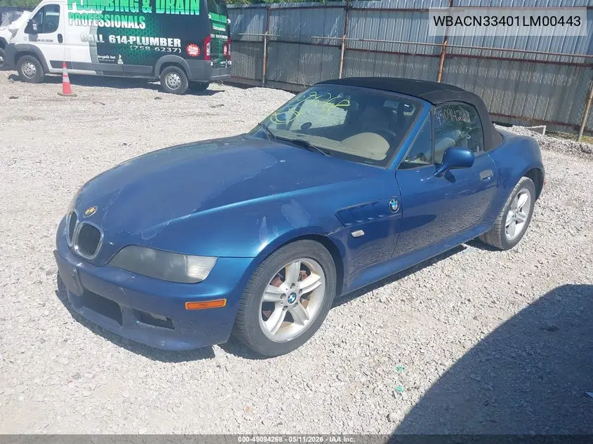 2001 BMW Z3 2.5I VIN: WBACN33401LM00443 Lot: 45094268