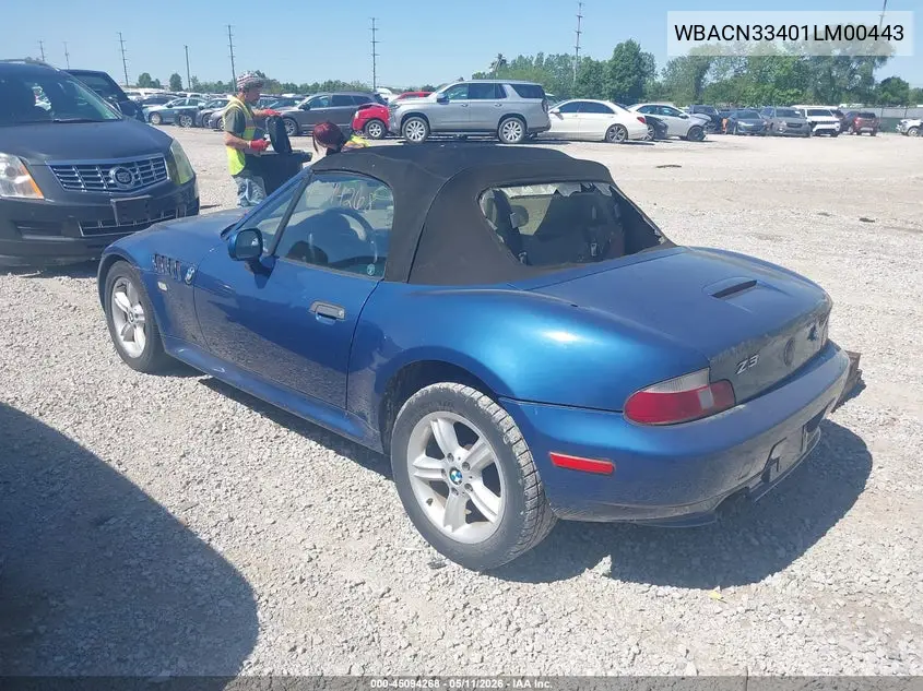 2001 BMW Z3 2.5I VIN: WBACN33401LM00443 Lot: 45094268
