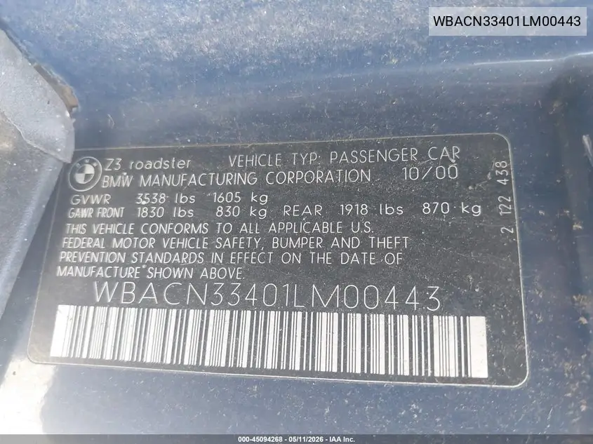 2001 BMW Z3 2.5I VIN: WBACN33401LM00443 Lot: 45094268