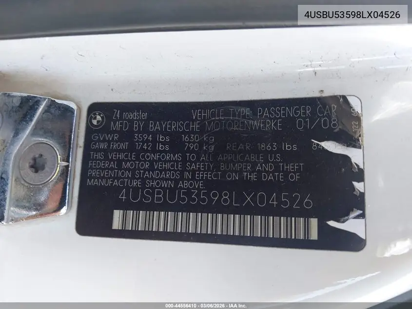 2008 BMW Z4 3.0Si VIN: 4USBU53598LX04526 Lot: 44556410