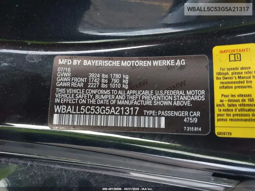 2016 BMW Z4 Sdrive28I VIN: WBALL5C53G5A21317 Lot: 45126896