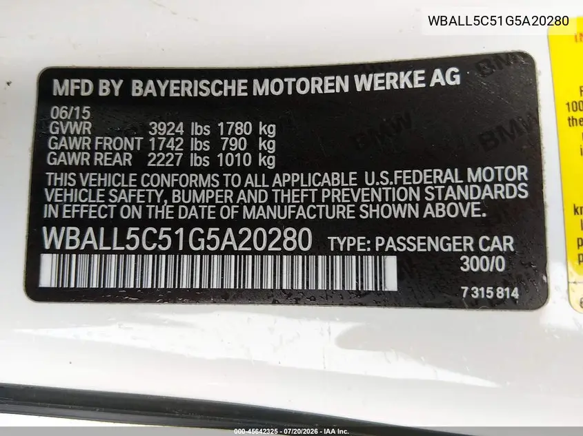 2016 BMW Z4 Sdrive28I VIN: WBALL5C51G5A20280 Lot: 45642325
