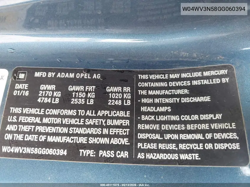 2016 Buick Cascada VIN: W04WV3N58GG060394 Lot: 45111875
