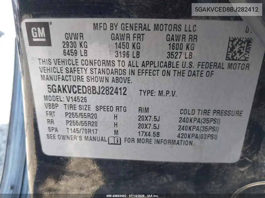 2011 Buick Enclave 2Xl VIN: 5GAKVCED8BJ282412 Lot: 45602402