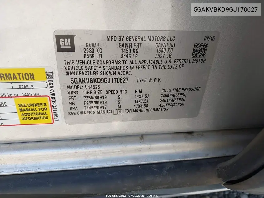 2016 Buick Enclave Leather VIN: 5GAKVBKD9GJ170627 Lot: 45673863