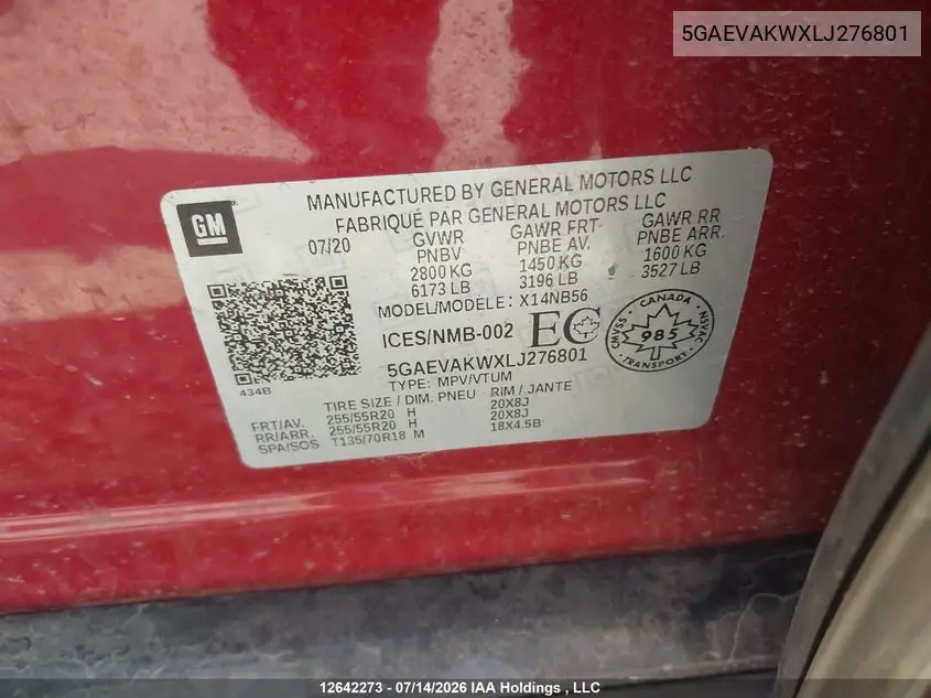 2020 Buick Enclave Essence VIN: 5GAEVAKWXLJ276801 Lot: 12642273