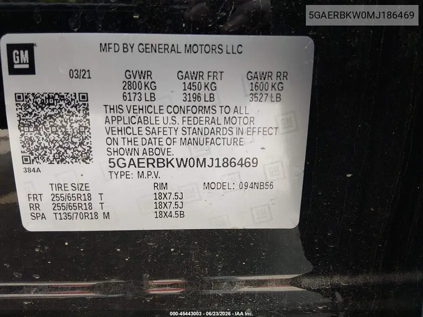 2021 Buick Enclave Fwd Essence VIN: 5GAERBKW0MJ186469 Lot: 45443003