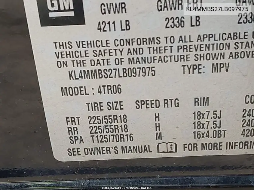 2020 Buick Encore Gx Fwd Preferred VIN: KL4MMBS27LB097975 Lot: 45529441