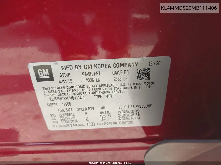 2021 Buick Encore Gx Fwd Select VIN: KL4MMDS20MB111406 Lot: 45616109