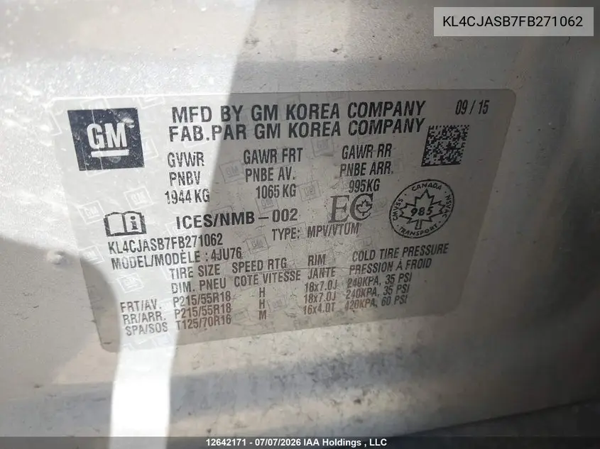 2015 Buick Encore Convenience VIN: KL4CJASB7FB271062 Lot: 12642171x