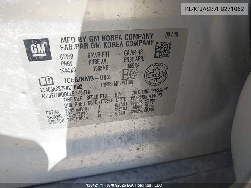 2015 Buick Encore Convenience VIN: KL4CJASB7FB271062 Lot: 12642171x