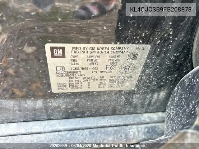 2015 Buick Encore VIN: KL4CJCSB9FB208878 Lot: 20262939