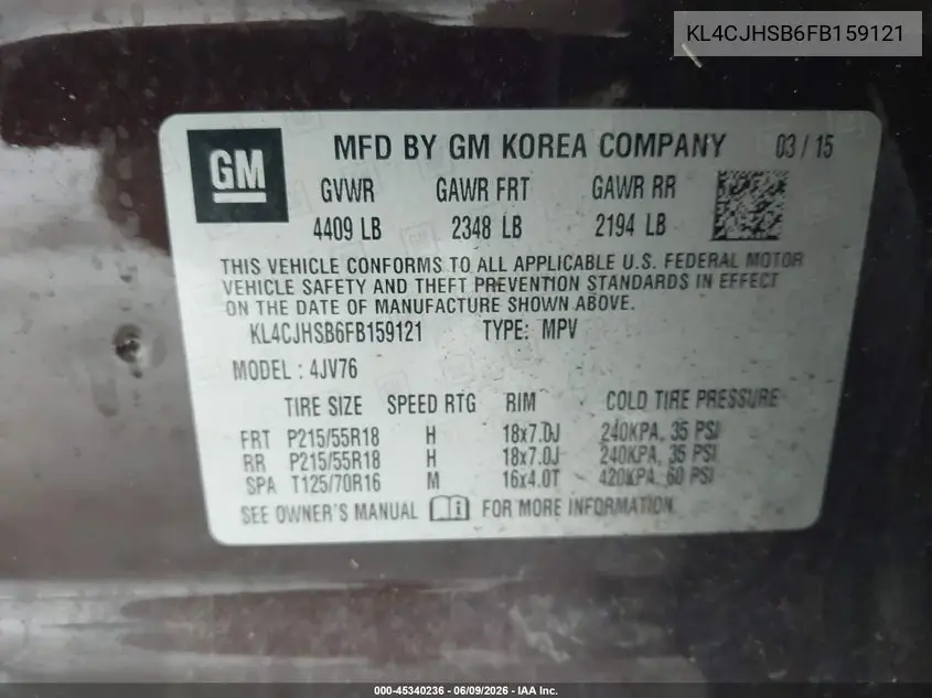 2015 Buick Encore Premium VIN: KL4CJHSB6FB159121 Lot: 45340236