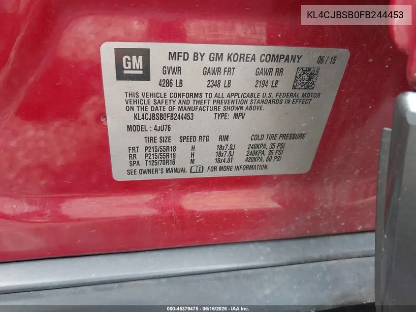 2015 Buick Encore Convenience VIN: KL4CJBSB0FB244453 Lot: 45379475