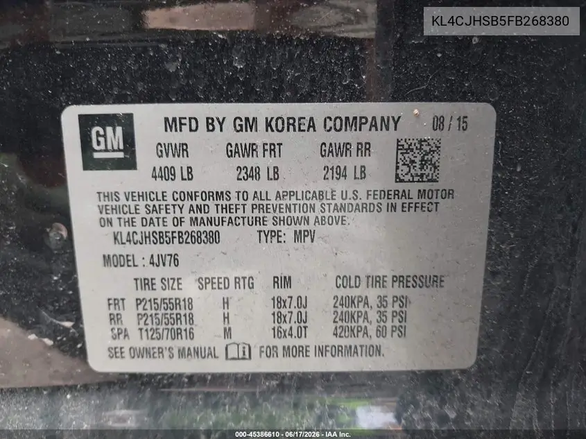2015 Buick Encore Premium VIN: KL4CJHSB5FB268380 Lot: 45386610
