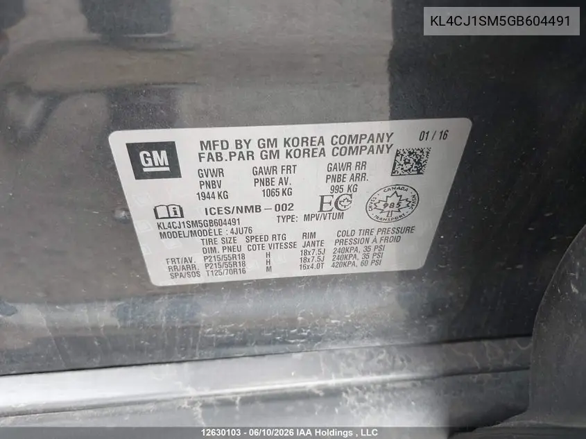 2016 Buick Encore Sport Touring VIN: KL4CJ1SM5GB604491 Lot: 12630103x