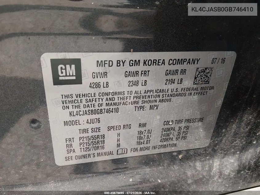 2016 Buick Encore VIN: KL4CJASB0GB746410 Lot: 45679495
