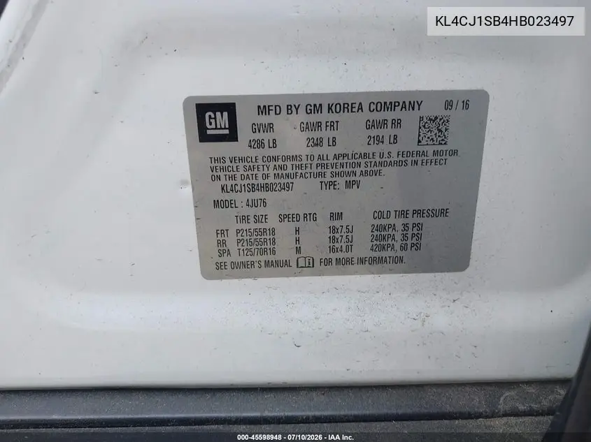 2017 Buick Encore Sport Touring VIN: KL4CJ1SB4HB023497 Lot: 45598948