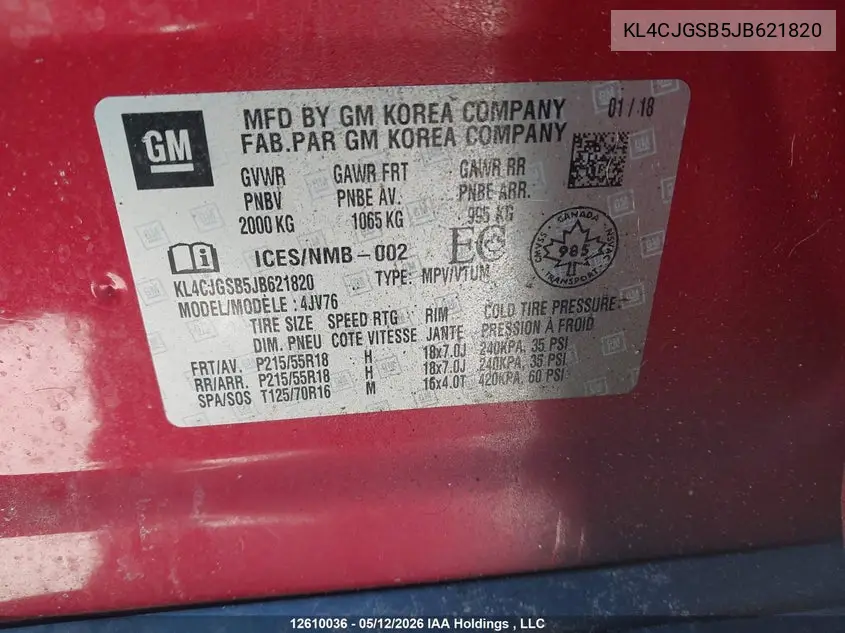 2018 Buick Encore Essence VIN: KL4CJGSB5JB621820 Lot: 12610036