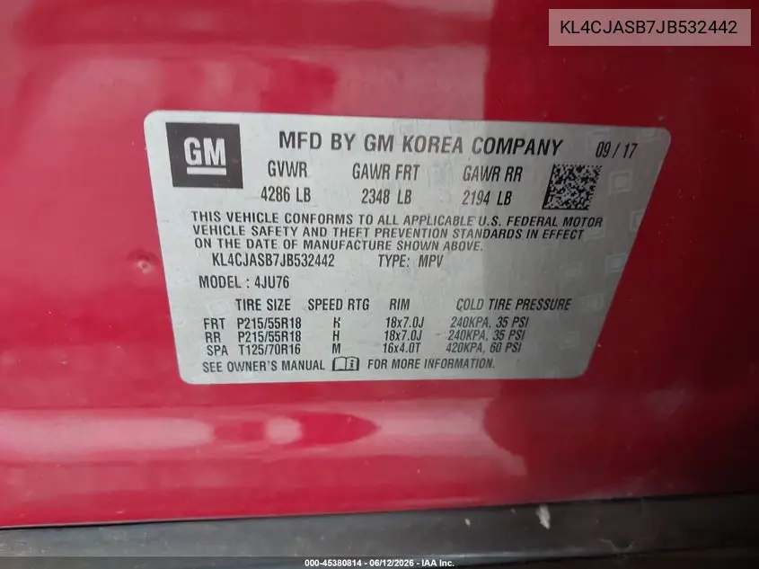 2018 Buick Encore Preferred VIN: KL4CJASB7JB532442 Lot: 45380814