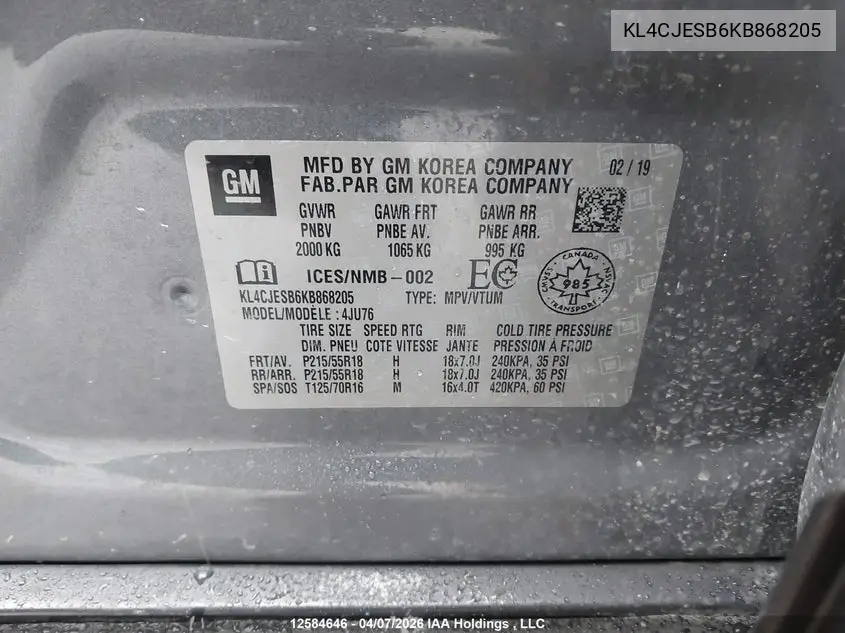2019 Buick Encore Preferred VIN: KL4CJESB6KB868205 Lot: 12584646x