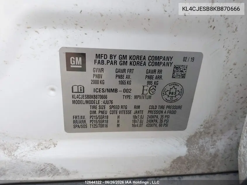 2019 Buick Encore Preferred VIN: KL4CJESB8KB870666 Lot: 12644322