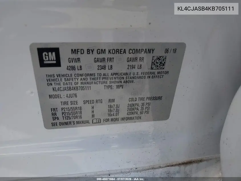 2019 Buick Encore Fwd Preferred VIN: KL4CJASB4KB705111 Lot: 45571664