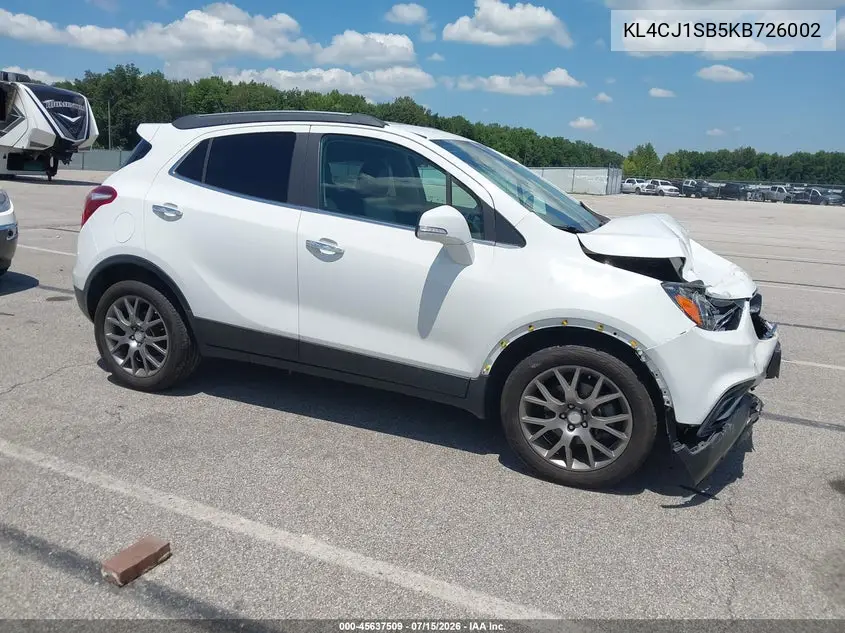 2019 Buick Encore Fwd Sport Touring VIN: KL4CJ1SB5KB726002 Lot: 45637509