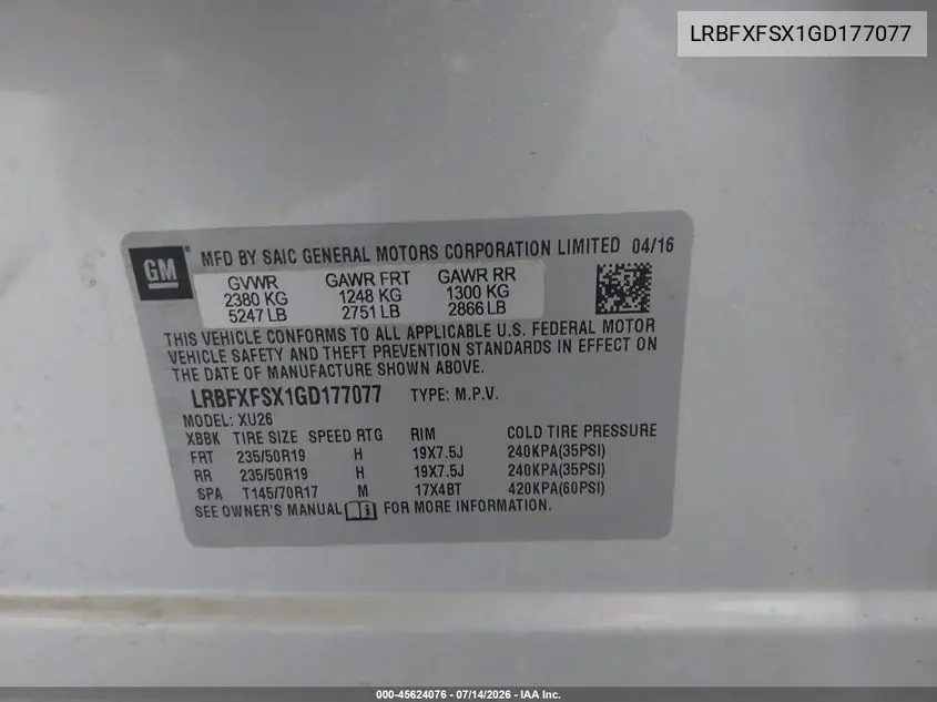 2016 Buick Envision Premium Ii VIN: LRBFXFSX1GD177077 Lot: 45624076