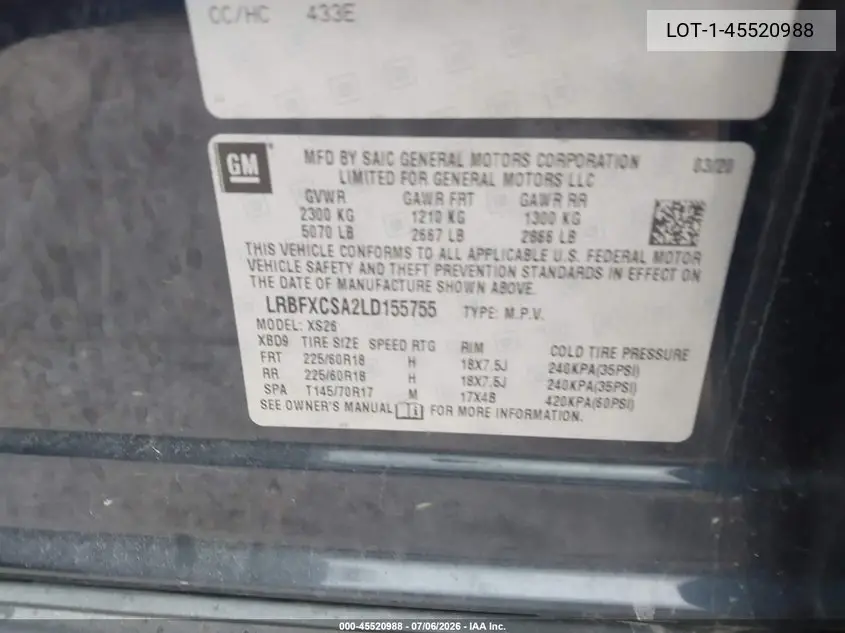 2020 Buick Envision VIN: LRBFXCSA2LD155755 Lot: 45520988