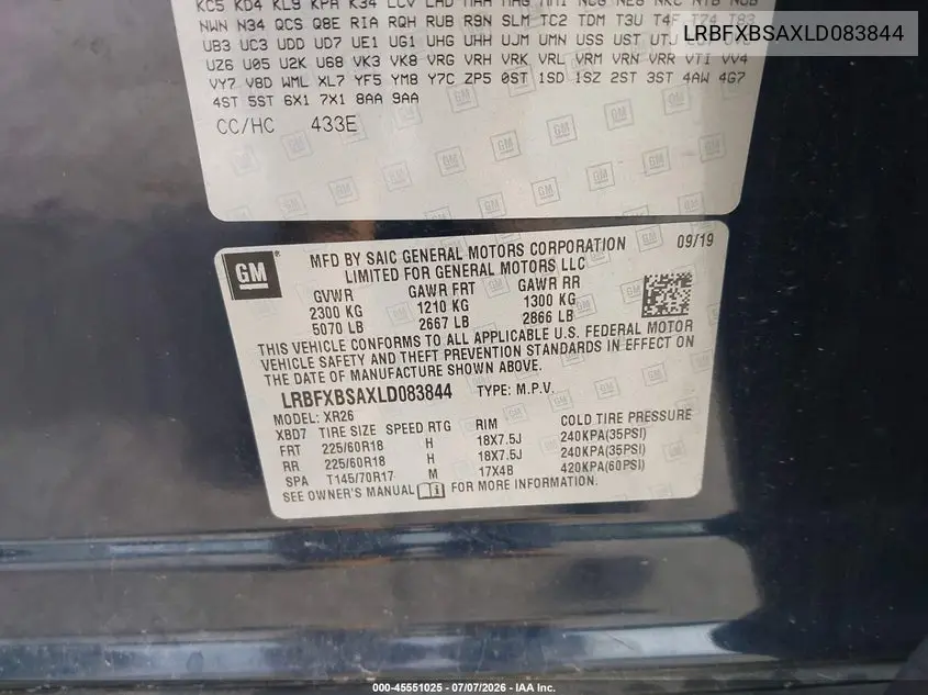 2020 Buick Envision Fwd Preferred VIN: LRBFXBSAXLD083844 Lot: 45551025