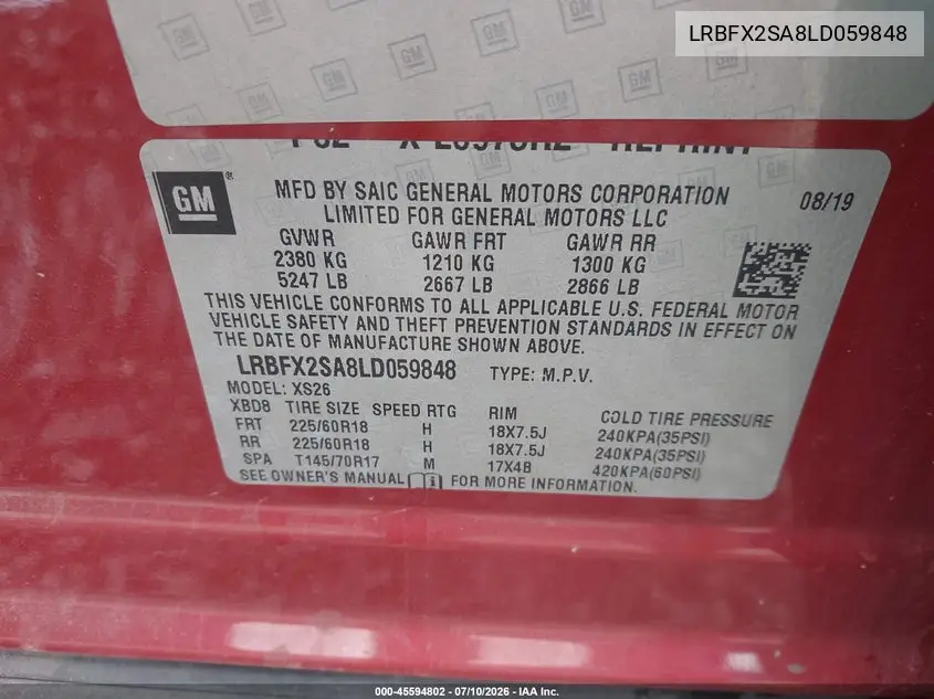 2020 Buick Envision Awd Essence VIN: LRBFX2SA8LD059848 Lot: 45594802