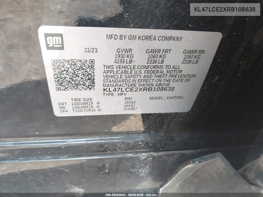 2024 Buick Envista Avenir Fwd VIN: KL47LCE2XRB108638 Lot: 45303843