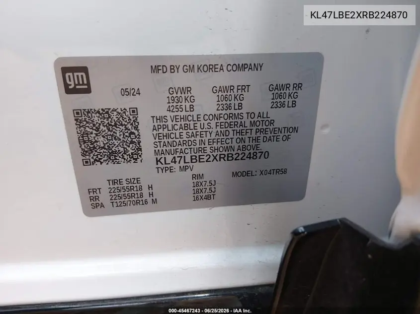 2024 Buick Envista Sport Touring Fwd VIN: KL47LBE2XRB224870 Lot: 45467243
