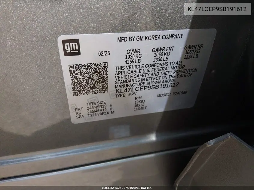 2025 Buick Envista Avenir Fwd VIN: KL47LCEP9SB191612 Lot: 45512422