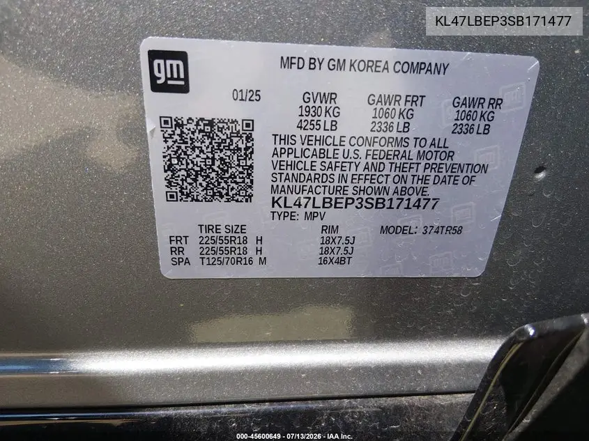 2025 Buick Envista Sport Touring Fwd VIN: KL47LBEP3SB171477 Lot: 45600649