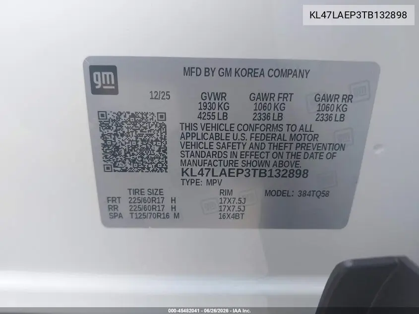 2026 Buick Envista Preferred Fwd VIN: KL47LAEP3TB132898 Lot: 45482041