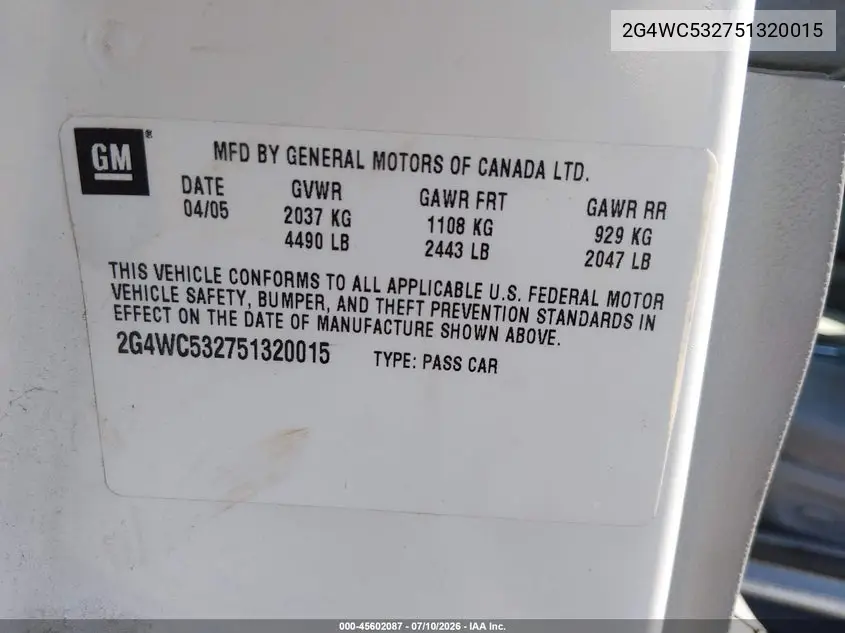 2005 Buick Lacrosse Cx VIN: 2G4WC532751320015 Lot: 45602087