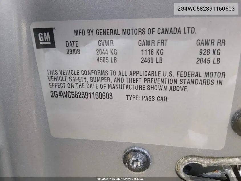 2009 Buick Lacrosse Cx VIN: 2G4WC582391160603 Lot: 45598175