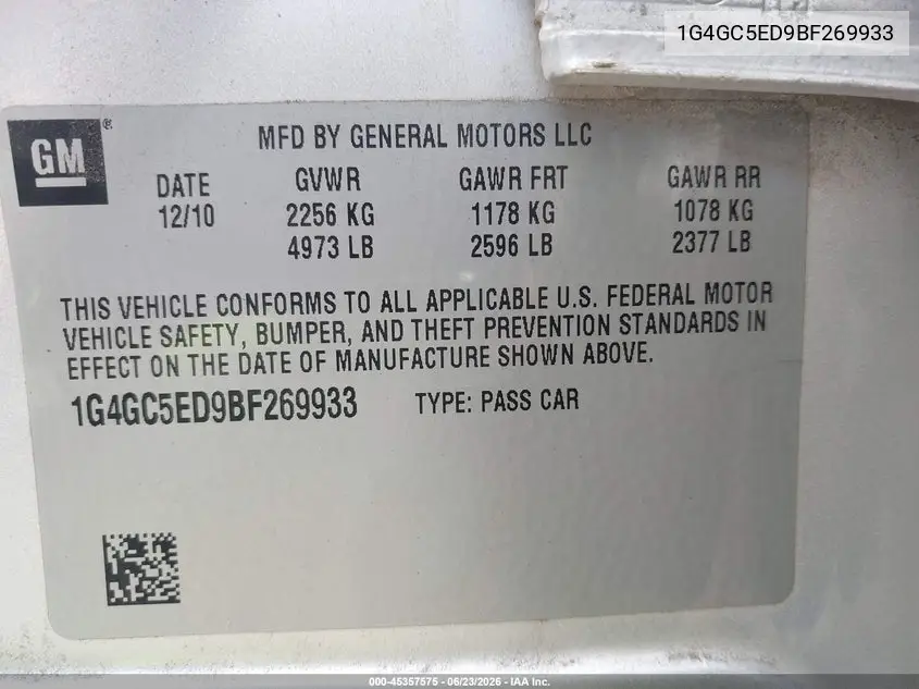 2011 Buick Lacrosse Cxl VIN: 1G4GC5ED9BF269933 Lot: 45357575