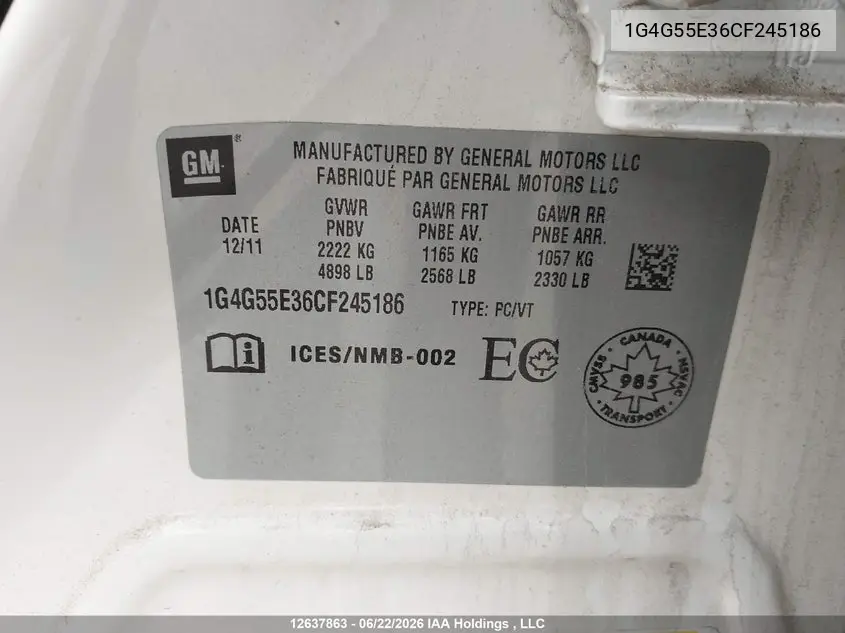 2012 Buick Lacrosse Convenience Group VIN: 1G4G55E36CF245186 Lot: 12637863