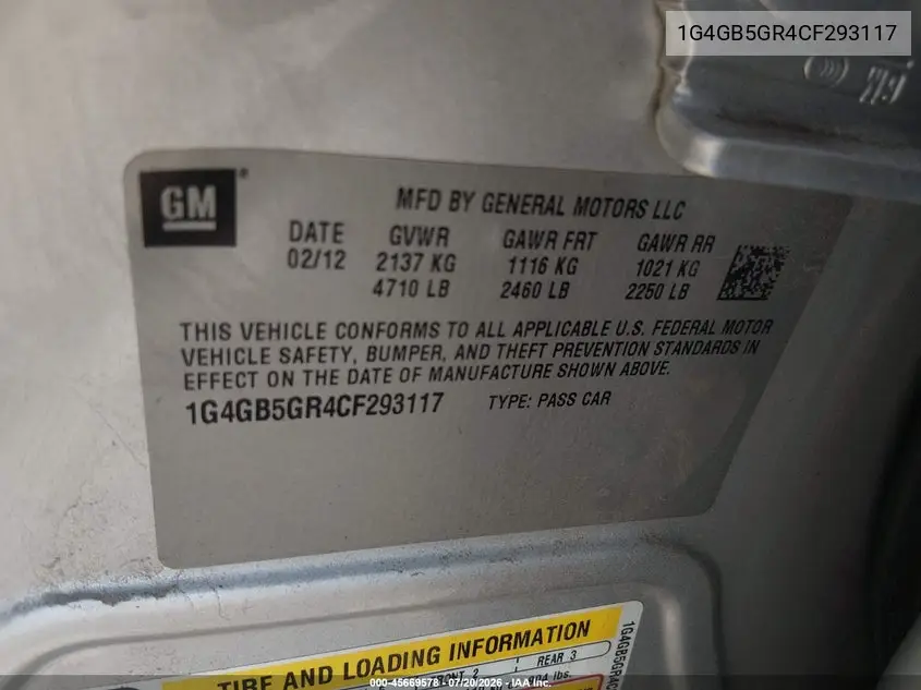 2012 Buick Lacrosse Convenience Group VIN: 1G4GB5GR4CF293117 Lot: 45669578