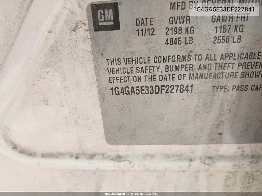 2013 Buick Lacrosse VIN: 1G4GA5E33DF227841 Lot: 45558468