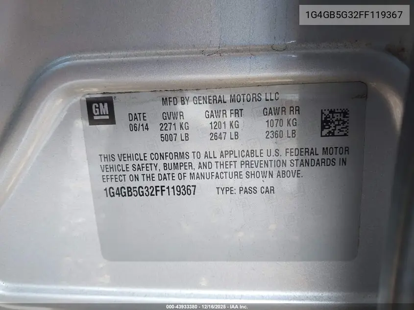 1G4GB5G32FF119367 2015 Buick Lacrosse Leather